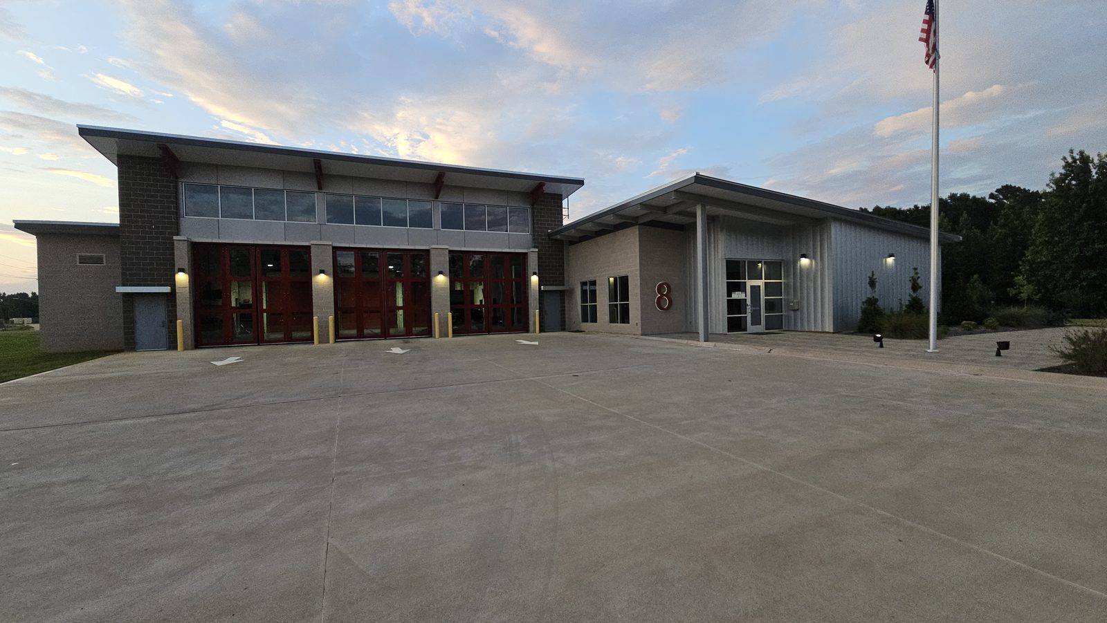 Longview Fire Station 8 exterior at dusk
